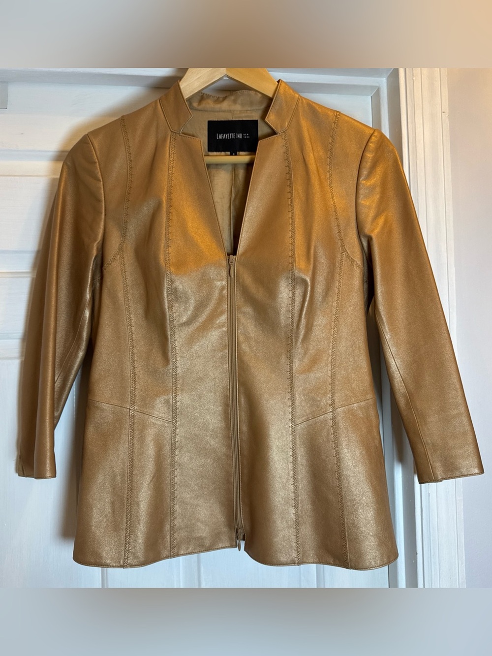 Lafayette 148 NY Tan/Metallic Leather 3/4 Sleeve Zip Contoured Jacket Size 2